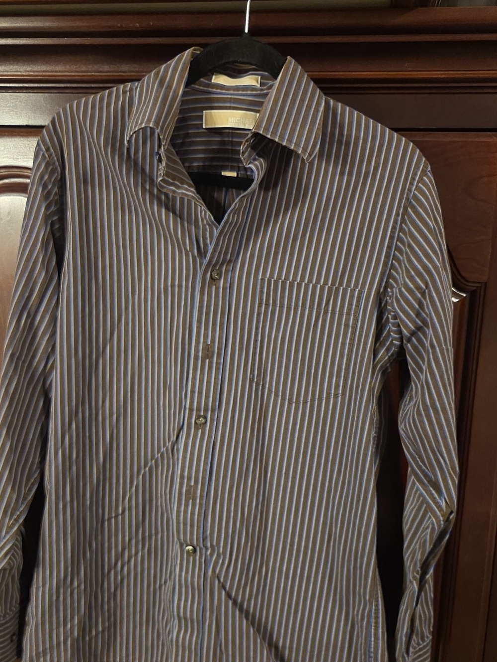 Michael Kors Men's Brown Blue & White Striped Long Sleeve Button-Down Shirt